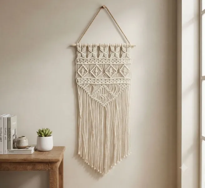 Handmade Bohemian Macrame Wall Hanging – Intricate Woven Cotton Tapestry with Diamond Patterns & Cascading Fringe for Living Room & Bedroom Decor